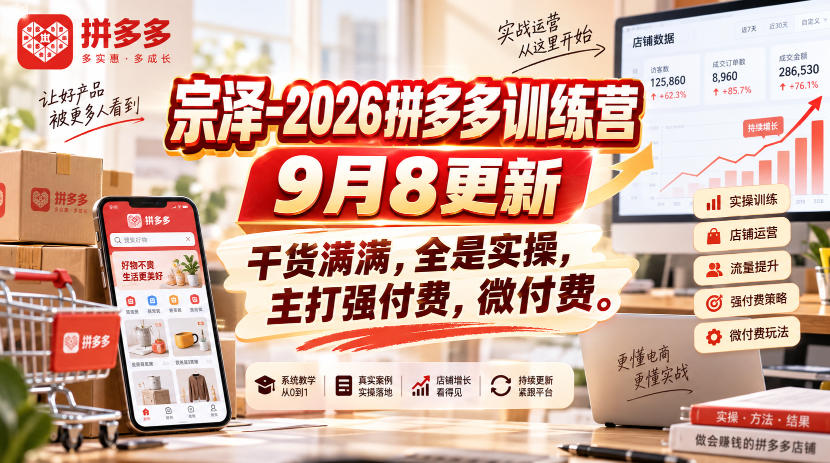 宗泽-2026拼多多训练营9月8更新，干货满满，全是实操，主打强付费，微付费-桀创项目掘金社