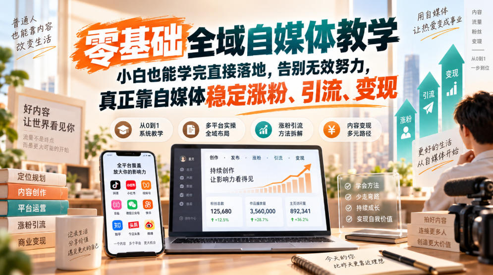 零基础全域自媒体教学，小白也能学完直接落地，告别无效努力，真正靠自媒体稳定涨粉、引流、变现-桀创项目掘金社