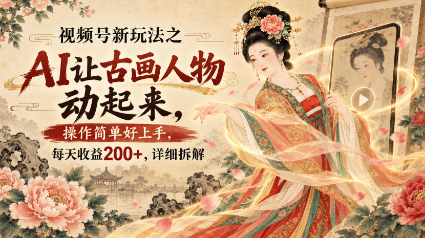 视频号新玩法之AI让古画人物动起来，操作简单好上手，每天收益200+，详细拆解-桀创项目掘金社