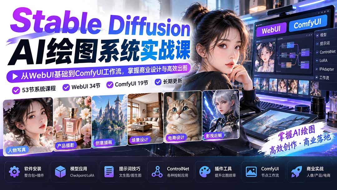 【无水印】Stable Diffusion AI绘图系统实战课：从WebUI基础到ComfyUI工作流，掌握商业设计与高效出图-桀创项目掘金社