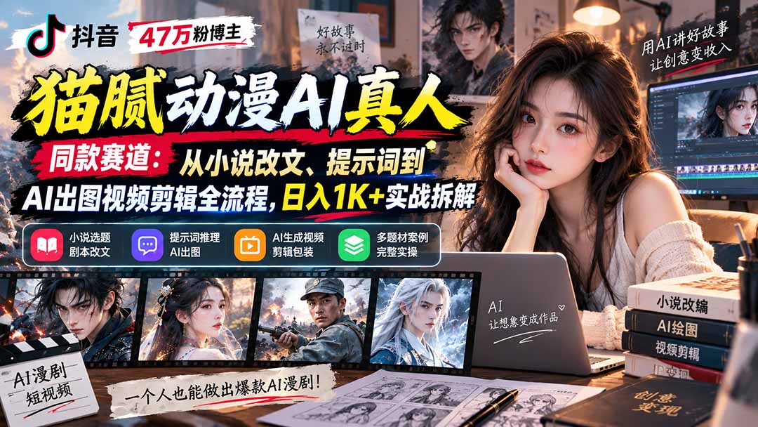 抖音47万粉博主猫腻动漫AI真人同款赛道：从小说改文、提示词到AI出图视频剪辑全流程，日入1K+实战拆解-桀创项目掘金社