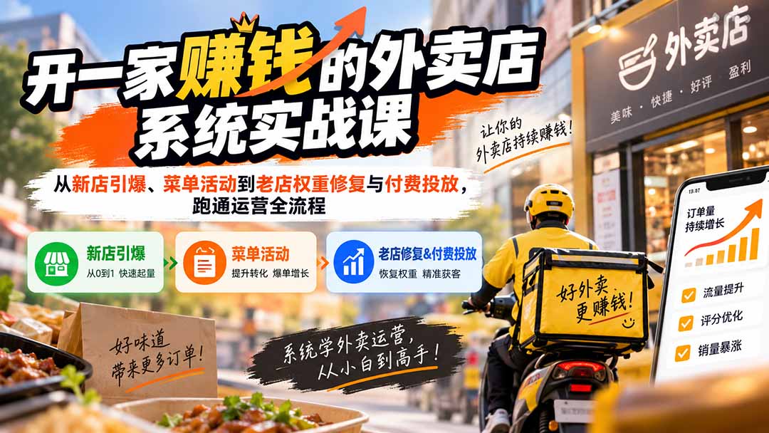 开一家赚钱的外卖店系统实战课：从新店引爆、菜单活动到老店权重修复与付费投放，跑通运营全流程-桀创项目掘金社