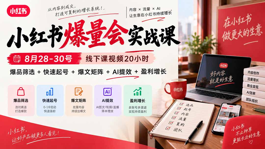 小红书爆量会实战课-更新9月17：线下课视频20小时，爆品筛选+快速起号+爆文矩阵+AI提效+盈利增长-桀创项目掘金社