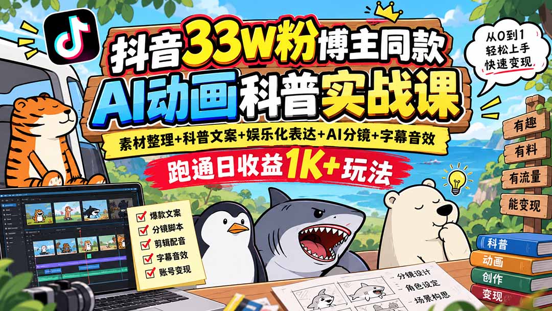 抖音33W粉博主同款AI动画科普实战课｜素材整理+科普文案+娱乐化表达+AI分镜+字幕音效，跑通日收益1K+玩法-桀创项目掘金社