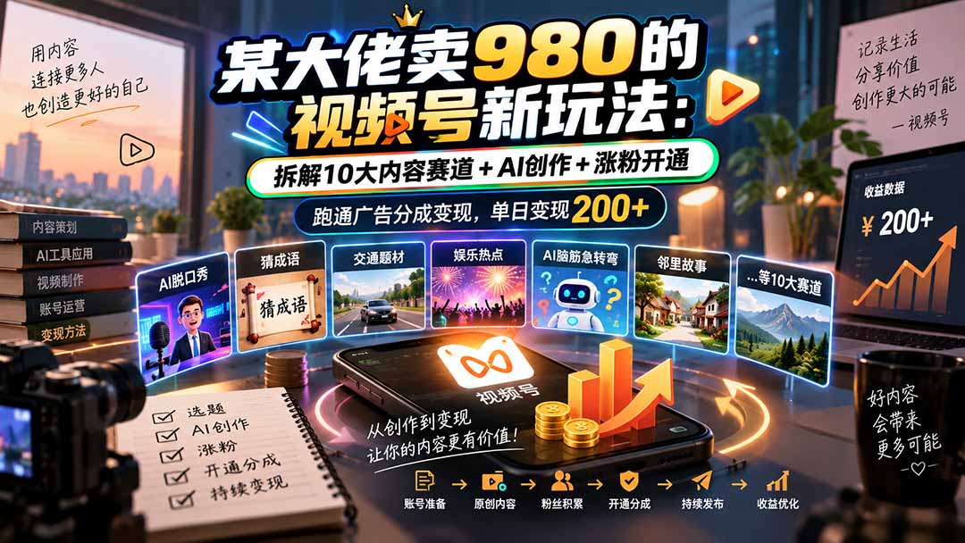 某大佬卖980的视频号新玩法：拆解10大内容赛道+AI创作+涨粉开通，跑通广告分成变现，单日变现200+-桀创项目掘金社