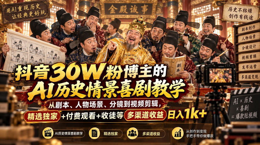 抖音30W粉博主的AI历史情景喜剧教学，从剧本、人物场景、分镜到视频剪辑，精选独家+付费观看+收徒等多渠道收益日入1k+-桀创项目掘金社