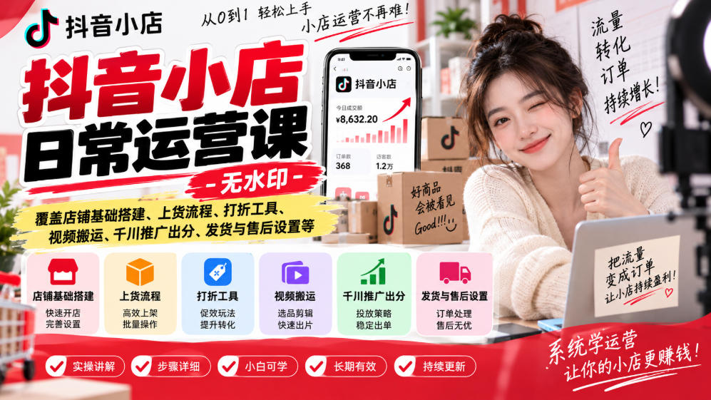 抖音小店日常运营课-无水印，覆盖店铺基础搭建、上货流程、打折工具、视频搬运、千川推广出分、发货与售后设置等-桀创项目掘金社