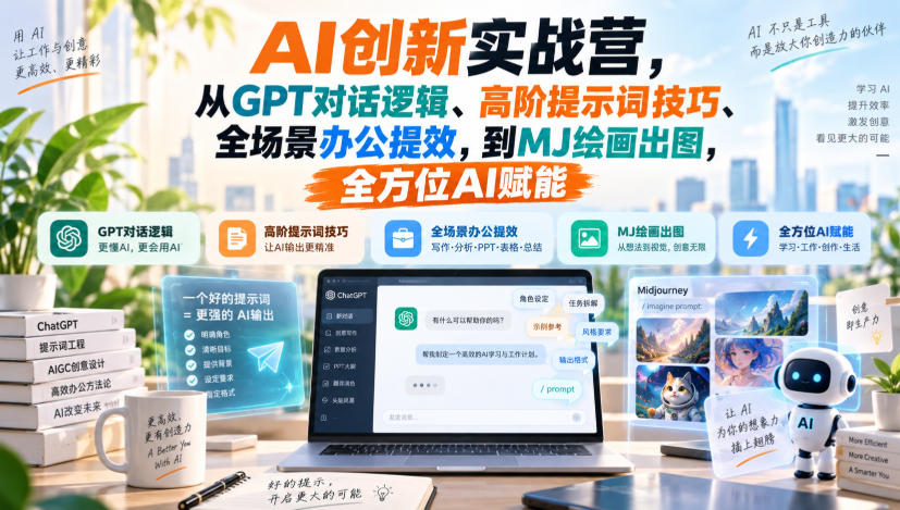 AI创新实战营，从GPT对话逻辑、高阶提示词技巧、全场景办公提效，到MJ绘画出图，全方位AI赋能-桀创项目掘金社