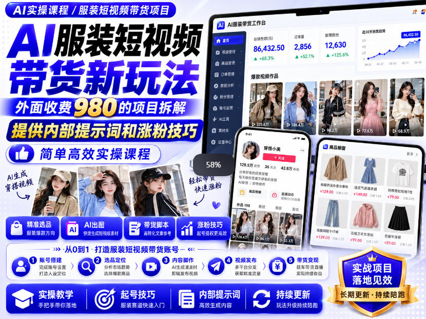 外面收费980AI快手带货系统课程，内部课程首次外放，操作简单高效，一分钟一条爆款视频-桀创项目掘金社