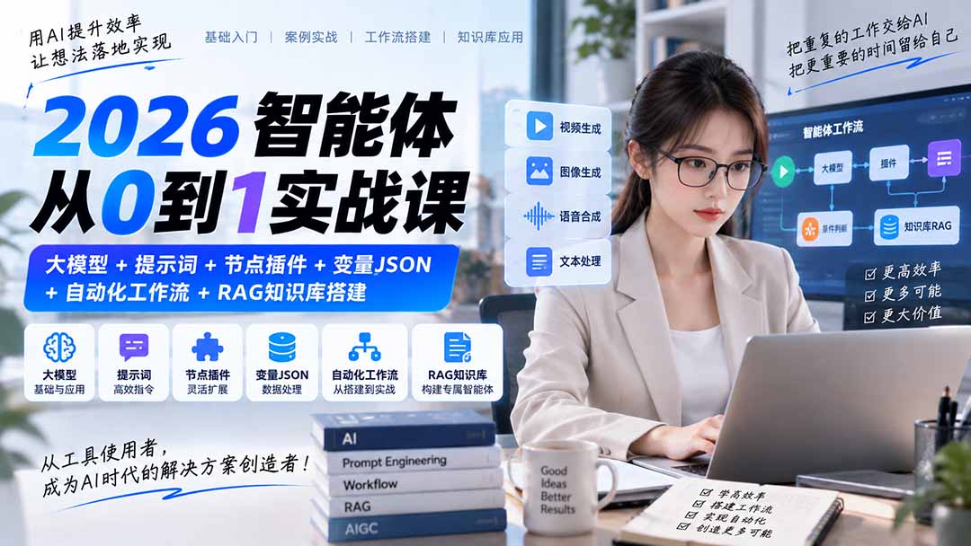 2026智能体从0到1实战课｜大模型+提示词+节点插件+变量JSON+自动化工作流+RAG知识库搭建-桀创项目掘金社