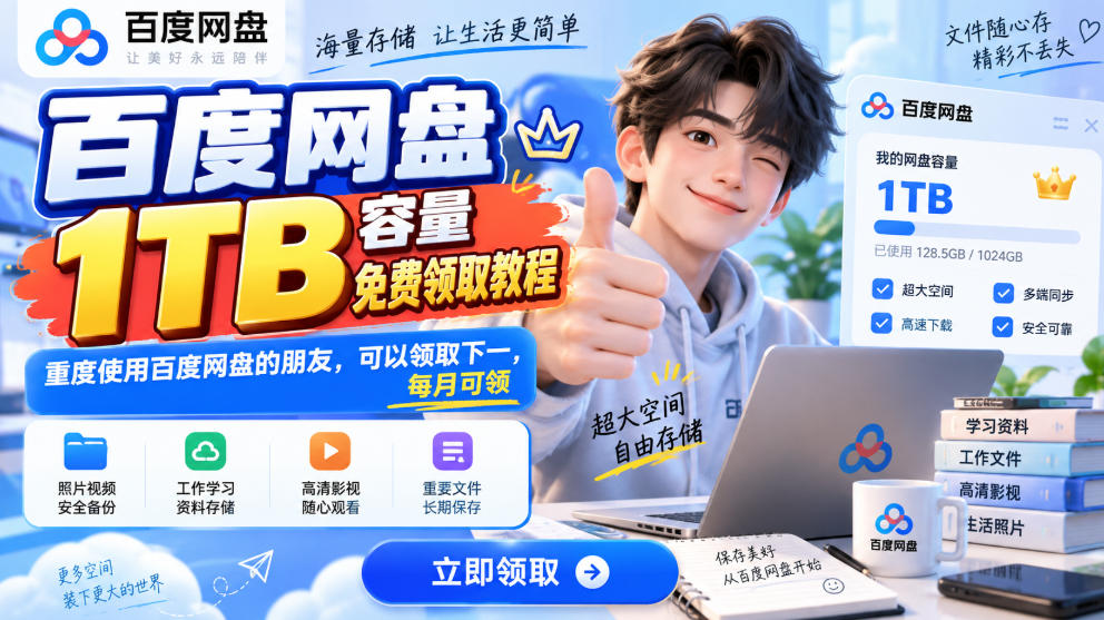 百度网盘1TB容量免费领取教程，重度使用百度网盘的朋友，可以领取下一，每月可领-桀创项目掘金社