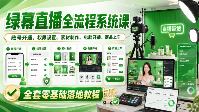 绿幕直播全流程系统课，账号开通、权限设置、素材制作、电脑开播、商品上车全套零基础落地教程-桀创项目掘金社
