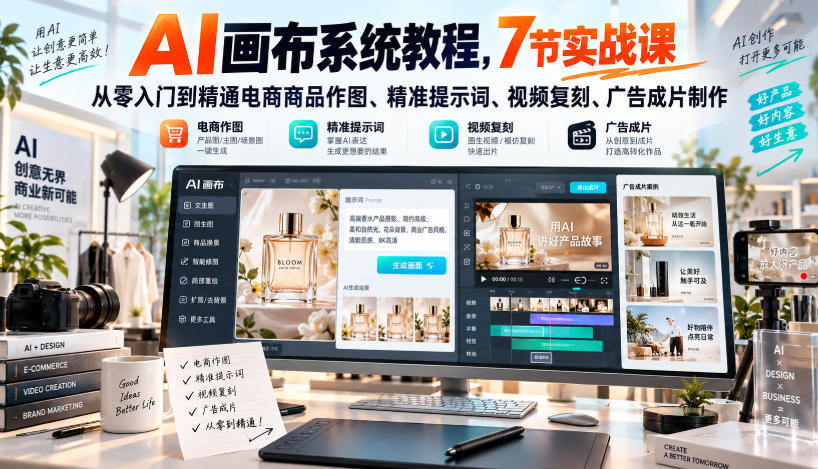 AI画布系统教程，7节实战课从零入门到精通电商商品作图、精准提示词、视频复刻、广告成片制作-桀创项目掘金社