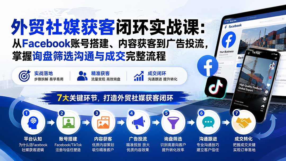 外贸社媒获客闭环实战课：从Facebook账号搭建、内容获客到广告投流，掌握询盘筛选沟通与成交完整流程-桀创项目掘金社