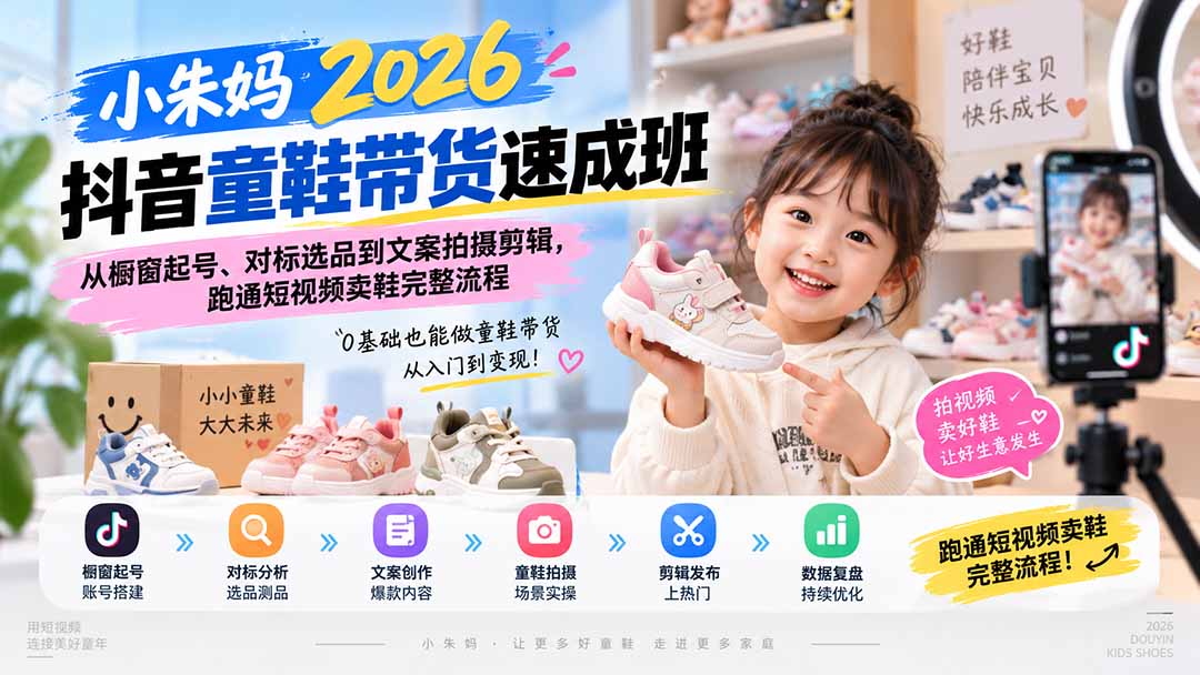 小朱妈2026抖音童鞋带货速成班：从橱窗起号、对标选品到文案拍摄剪辑，跑通短视频卖鞋完整流程-桀创项目掘金社
