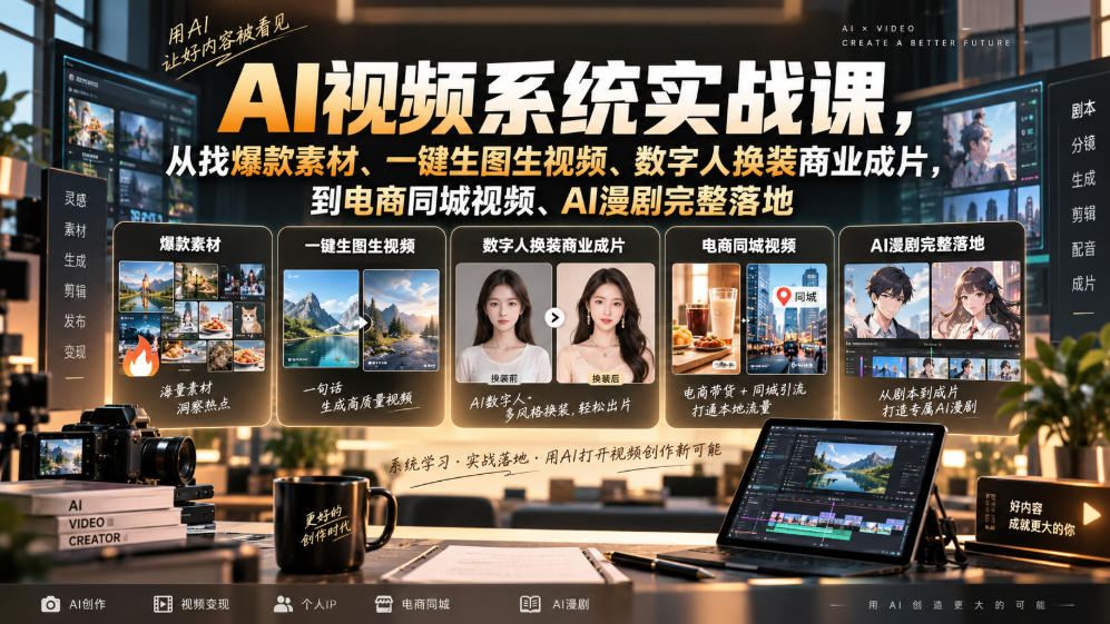 AI视频系统实战课，从找爆款素材、一键生图生视频、数字人换装商业成片，到电商同城视频、AI漫剧完整落地-桀创项目掘金社