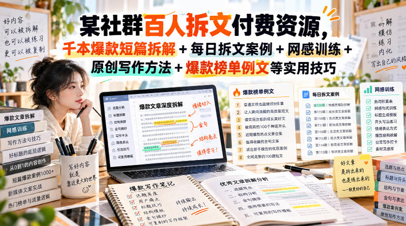 某社群百人拆文付费资源，千本爆款短篇拆解+每日拆文案例+网感训练+原创写作方法+爆款榜单例文等实用技巧(持续更新)-桀创项目掘金社
