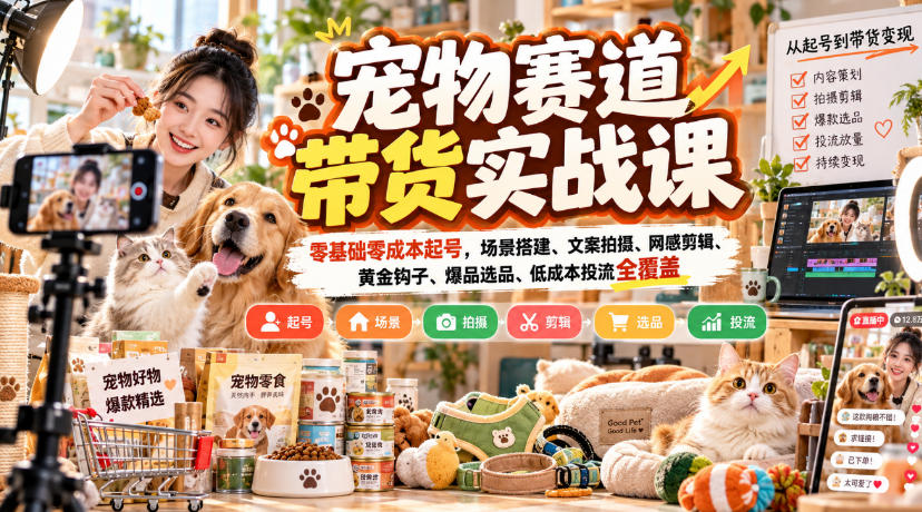 宠物赛道带货实战课，零基础零成本起号，场景搭建、文案拍摄、网感剪辑、黄金钩子、爆品选品、低成本投流全覆盖-桀创项目掘金社