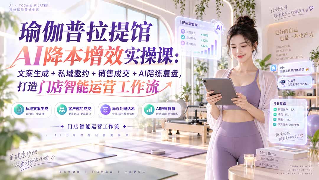 瑜伽普拉提馆AI降本增效实操课：文案生成+私域邀约+销售成交+AI陪练复盘，打造门店智能运营工作流-桀创项目掘金社