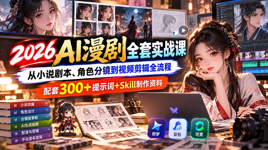 【无水印】2026AI漫剧全套实战课：从小说剧本、角色分镜到视频剪辑全流程，配套300+提示词+Skill制作资料-桀创项目掘金社