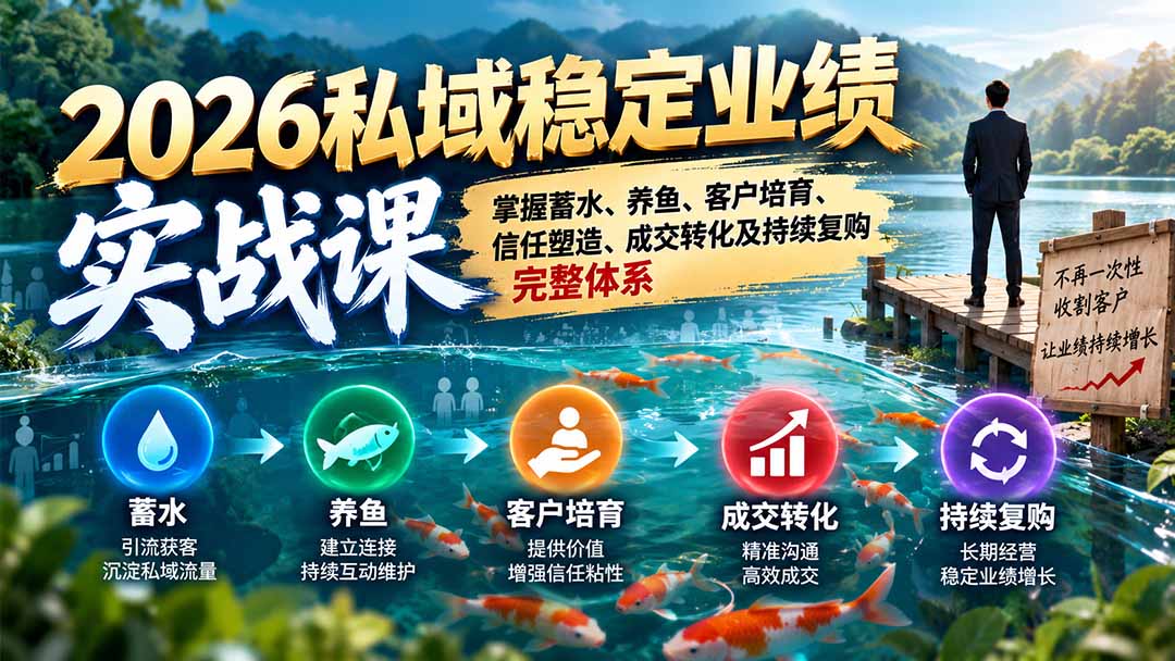 2026私域稳定业绩实战课：掌握蓄水、养鱼、客户培育、信任塑造、成交转化及持续复购完整体系-桀创项目掘金社