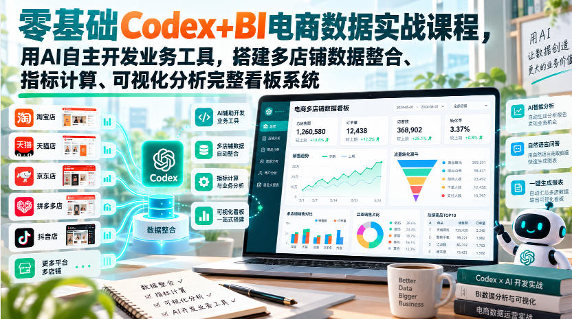 零基础Codex+BI电商数据实战课程，用AI自主开发业务工具，搭建多店铺数据整合、指标计算、可视化分析完整看板系统-桀创项目掘金社