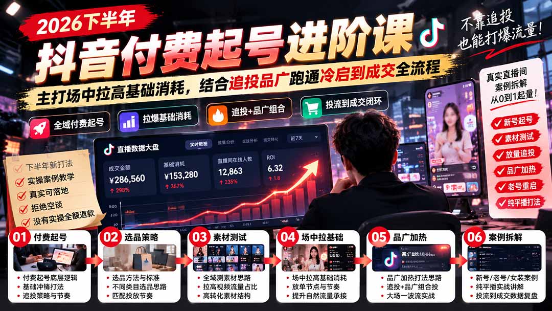 2026下半年抖音付费起号进阶课：主打场中拉高基础消耗，结合追投品广跑通冷启到成交全流程-桀创项目掘金社