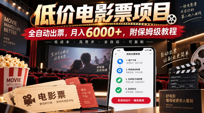 低价电影票项目，全自动出票，月入6000+，附保姆级教程【揭秘】-桀创项目掘金社