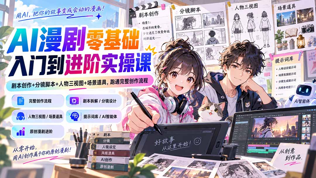 AI漫剧零基础入门到进阶实操课：剧本创作+分镜脚本+人物三视图+场景道具，跑通完整创作流程-桀创项目掘金社