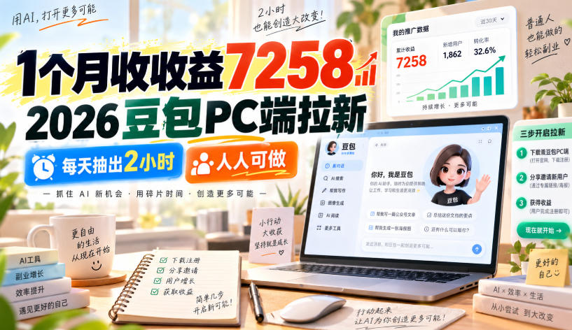 1个月收收益7258，2026豆包PC端拉新，每天抽出2小时，人人可做-桀创项目掘金社