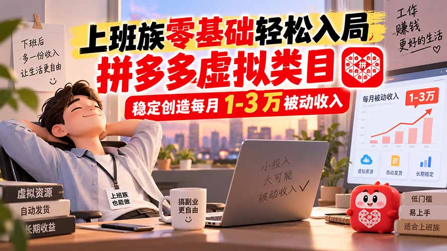 上班族零基础轻松入局，拼多多虚拟类目，稳定创造每月 1-3 万被动收入-桀创项目掘金社