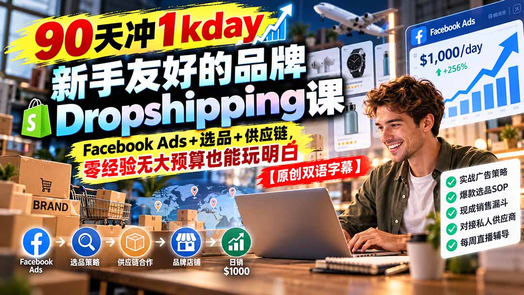 90天冲1kday 新手友好的品牌Dropshipping课：Facebook Ads+选品+供应链，零经验无大预算也能玩明白【原创双语字幕】-桀创项目掘金社