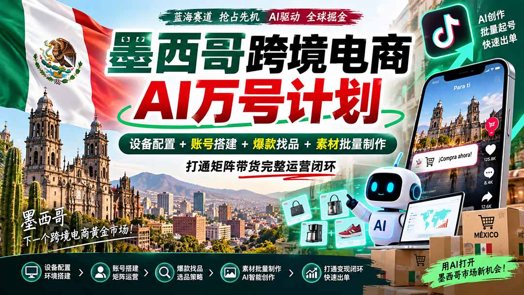 墨西哥AI跨境电商万号计划｜设备配置+账号搭建+爆款找品+素材批量制作，打通矩阵带货完整运营闭环-桀创项目掘金社