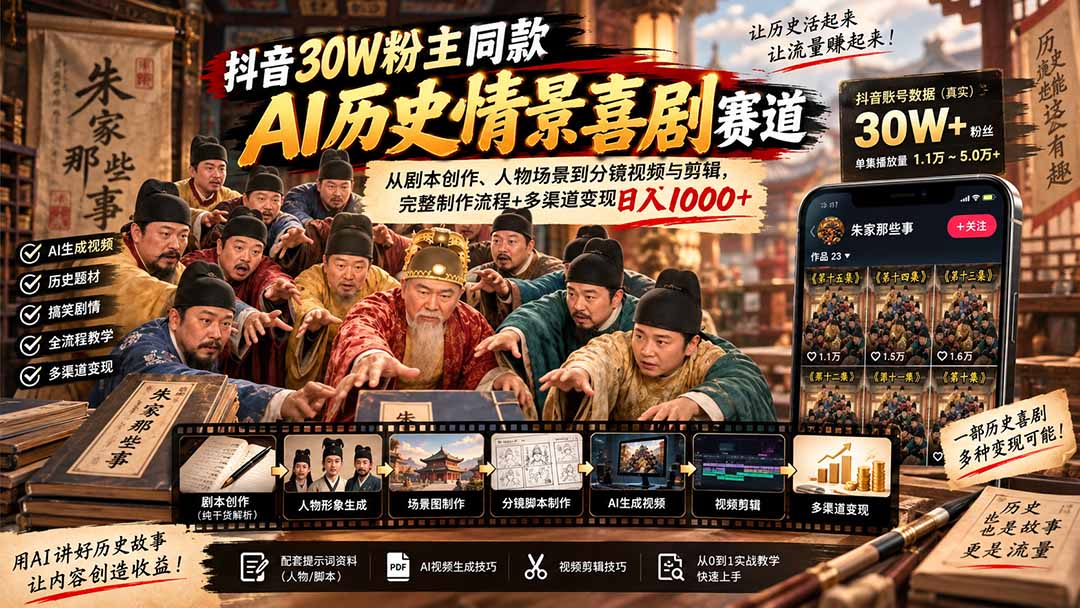 抖音30W粉博主同款AI历史情景喜剧赛道：从剧本创作、人物场景到分镜视频与剪辑，完整制作流程+多渠道变现日入1000+-桀创项目掘金社