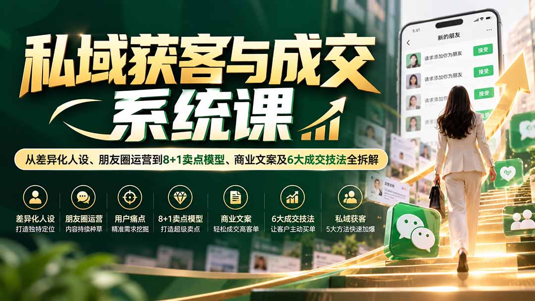 私域获客与成交系统课：从差异化人设、朋友圈运营到8+1卖点模型、商业文案及6大成交技法全拆解-桀创项目掘金社