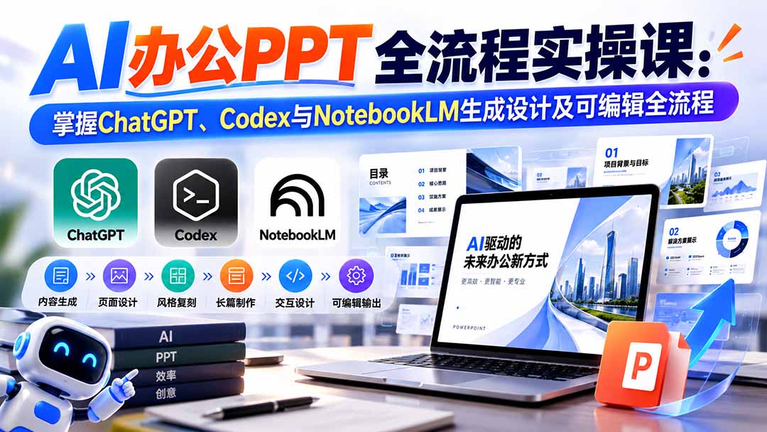 【无水印】AI办公PPT全流程实操课： 掌握ChatGPT、Codex与NotebookLM生成设计及可编辑全流程-桀创项目掘金社