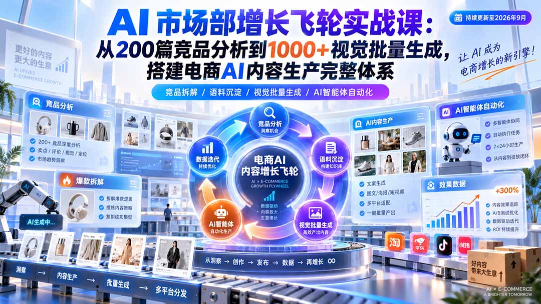 AI 市场部增长飞轮实战课：从200篇竞品分析到1000+视觉批量生成，搭建电商AI内容生产完整体系-桀创项目掘金社
