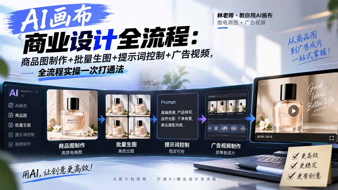 AI画布商业设计全流程：商品图制作+批量生图+提示词控制+广告视频，全流程实操一次打通法-桀创项目掘金社