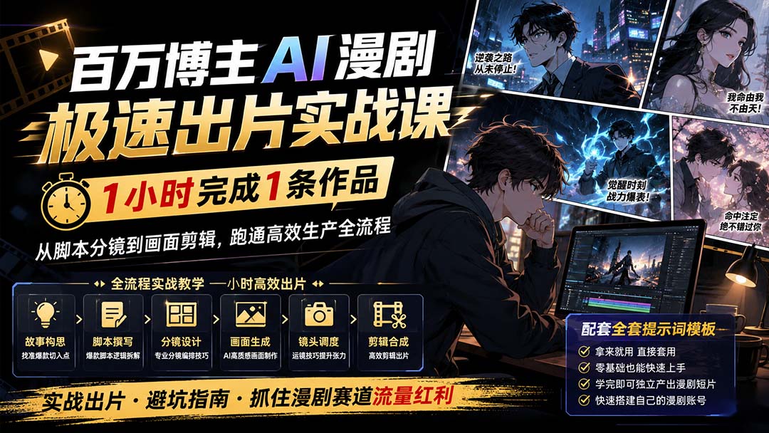 百万博主AI漫剧极速出片实战课：1小时产出条作品，从脚本分镜到画面剪辑，跑通高效生产全流程-桀创项目掘金社