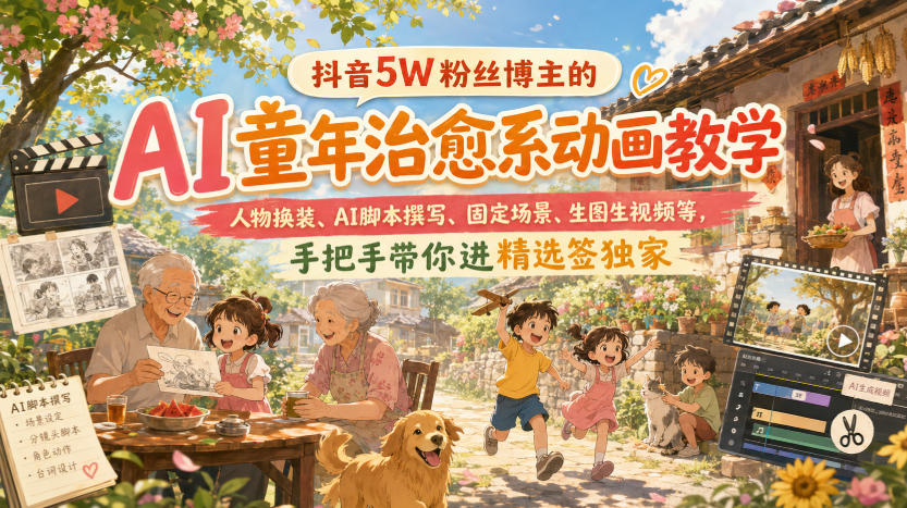 抖音5W粉丝博主的AI童年治愈系动画教学，人物换装、AI脚本撰写、固定场景、生图生视频等，手把手带你进精选签独家-桀创项目掘金社
