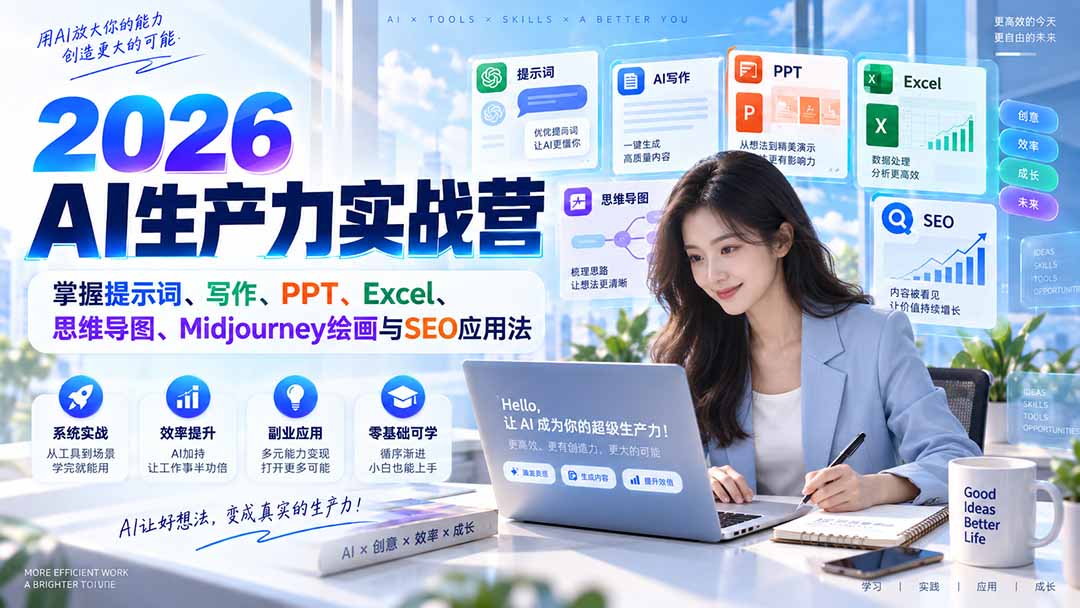 2026AI生产力实战营：掌握提示词、写作、PPT、Excel、思维导图、Midjourney绘画与SEO应用法-桀创项目掘金社