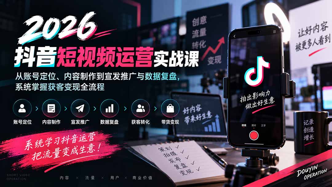 2026抖音短视频运营实战课：从账号定位、内容制作到宣发推广与数据复盘，系统掌握获客变现全流程-桀创项目掘金社