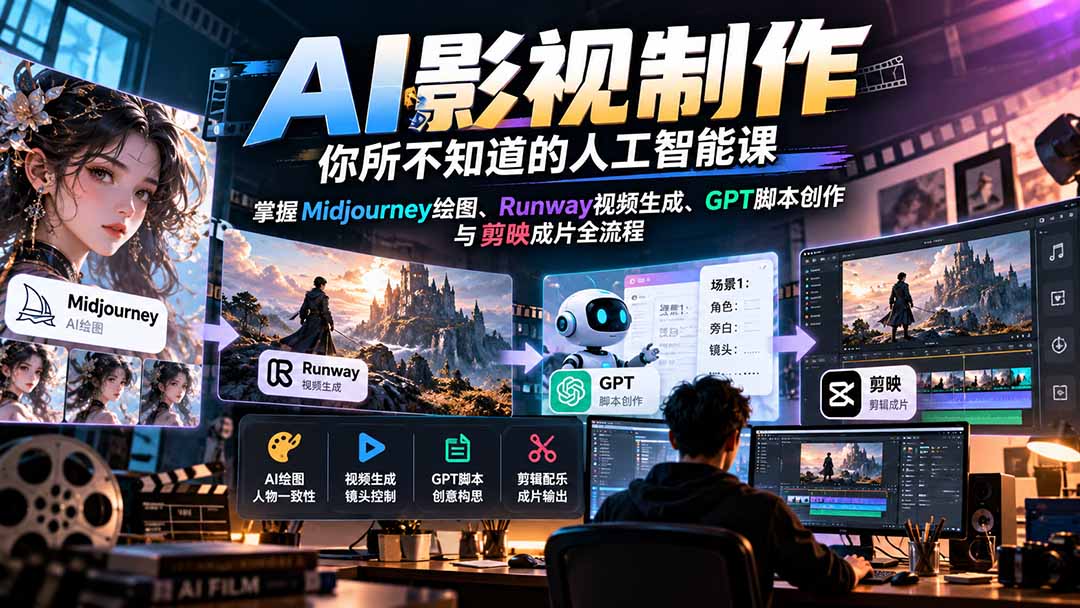 【无水印】AI影视制作-你所不知道的人工智能课，掌握Midjourney绘图、Runway视频生成、GPT脚本创作与剪映成片全流程-桀创项目掘金社