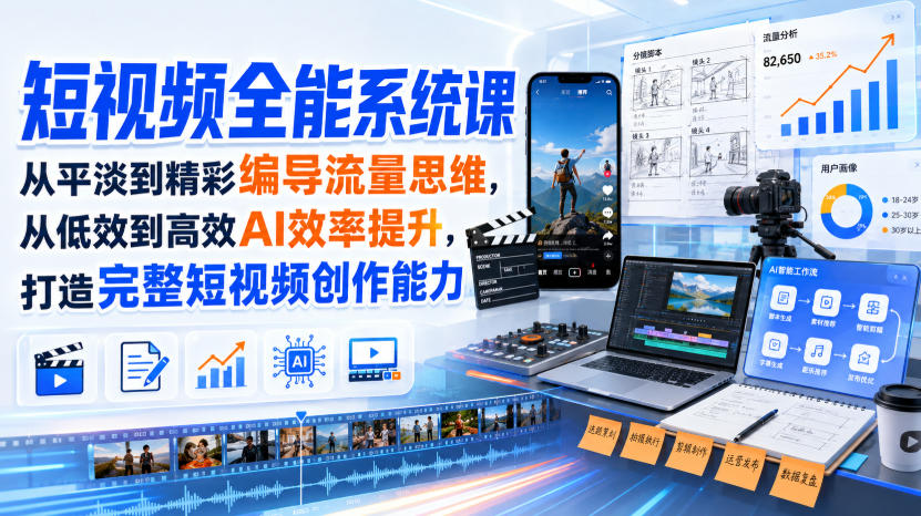 短视频全能系统课，从平淡到精彩编导流量思维，从低效到高效AI效率提升，打造完整短视频创作能力(完整版)-桀创项目掘金社