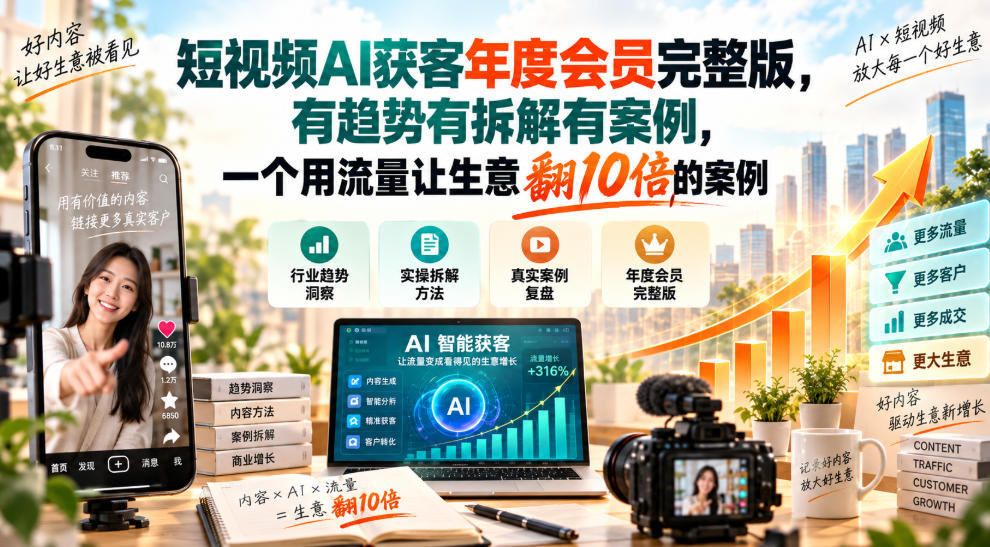 短视频AI获客年度会员完整版，有趋势有拆解有案例，一个用流量让生意翻10倍的案例-桀创项目掘金社