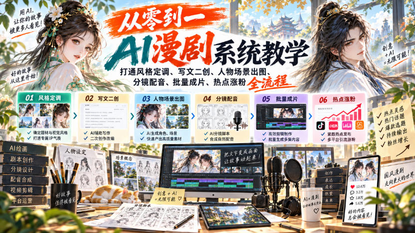 从零到一AI漫剧系统教学，打通风格定调、写文二创、人物场景出图、分镜配音、批量成片、热点涨粉全流程-桀创项目掘金社