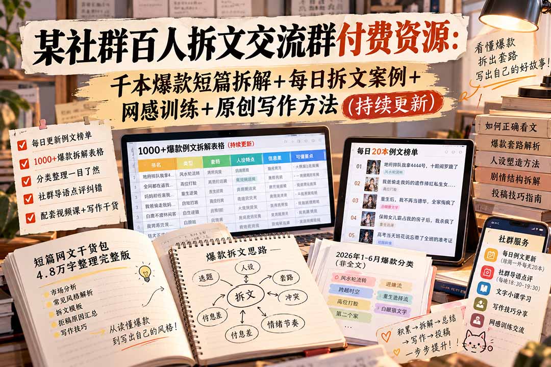 某社群百人拆文交流群付费资源-更新0929：千本爆款短篇拆解+每日拆文案例+网感训练+原创写作方法-桀创项目掘金社