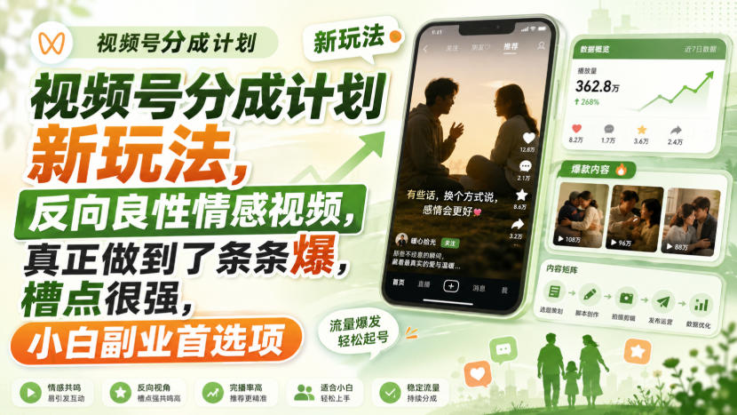 视频号分成计划新玩法，反向良性情感视频，真正做到了条条爆，槽点很强，小白副业首选项-桀创项目掘金社