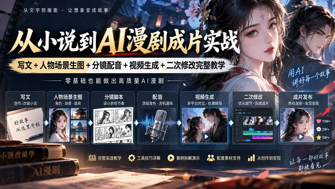 从小说到AI漫剧成片实战：写文+人物场景生图+分镜配音+视频生成+二次修改完整教学-桀创项目掘金社