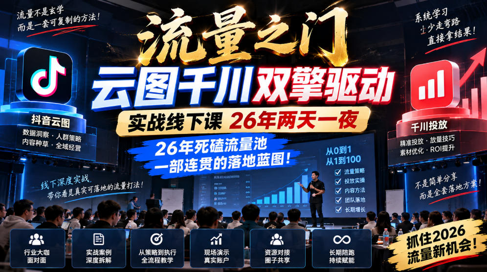 流量之门-云图千川双擎驱动实战线下课26年两天一夜，26年死磕流量池一部连贯的落地蓝图!-桀创项目掘金社